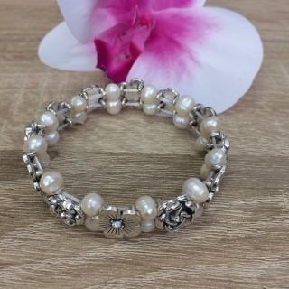 Riečne perly náramok 15, biely, s ozdobou kvet