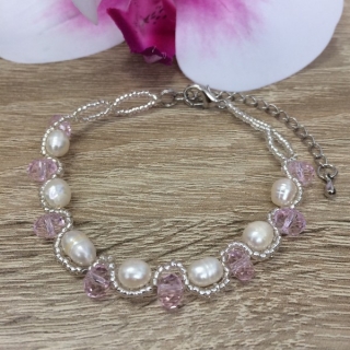Riečne perly náramok 1, biely s ružovými korálkami